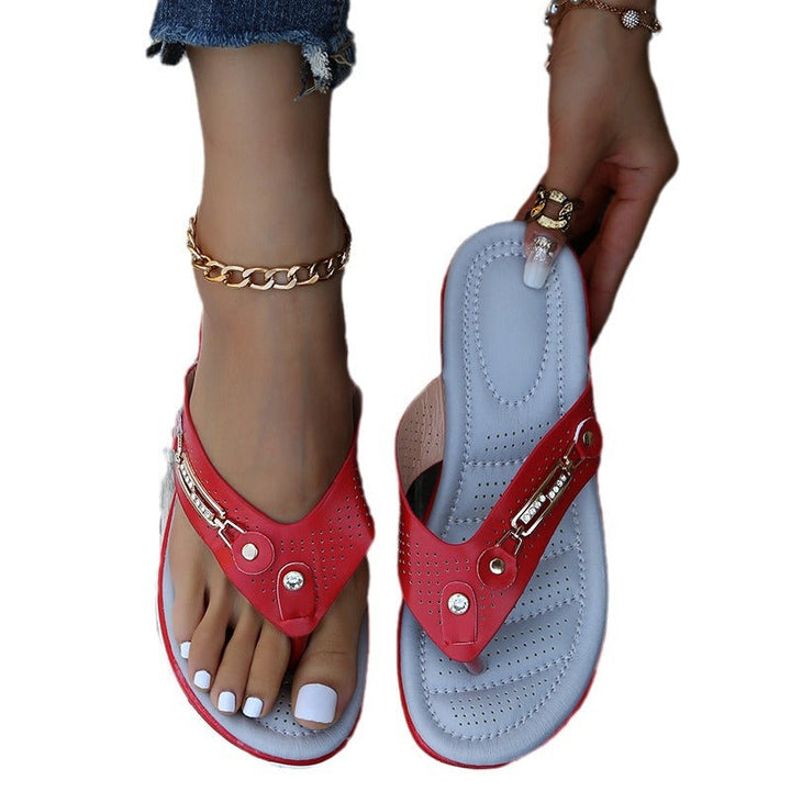Damen Komfortable Fußbett-Zehentrenner-Sandalen mit modischen Applikationen Drune