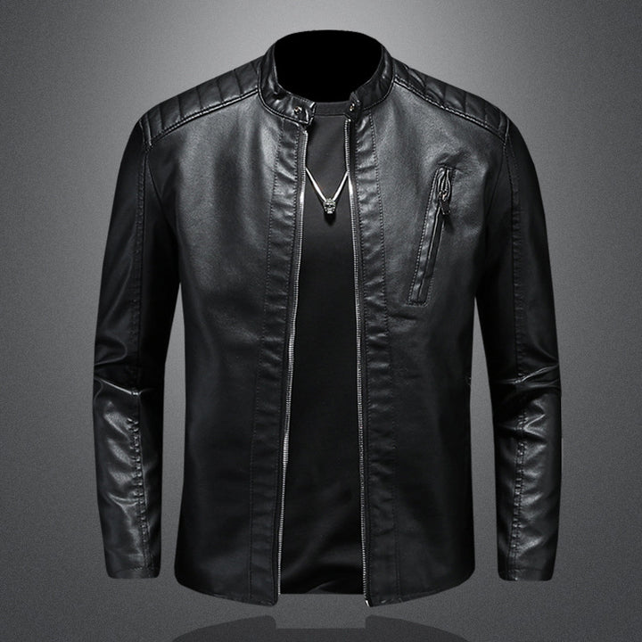 Herren Kunstleder-Bikerjacke mit Stehkragen, Schultersteppung und Brust-Reißverschlusstasche Drune