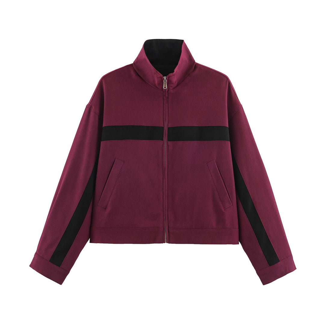 Damen Boxy-Cropped-Übergangsjacke mit Stehkragen, kontraststreifen und Eingrifftaschen Drune