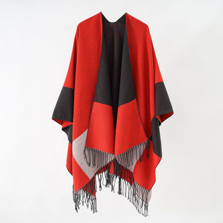 Damen Oversize-Ruana aus Wollmix mit Farbblock‑Design und Fransen Drune