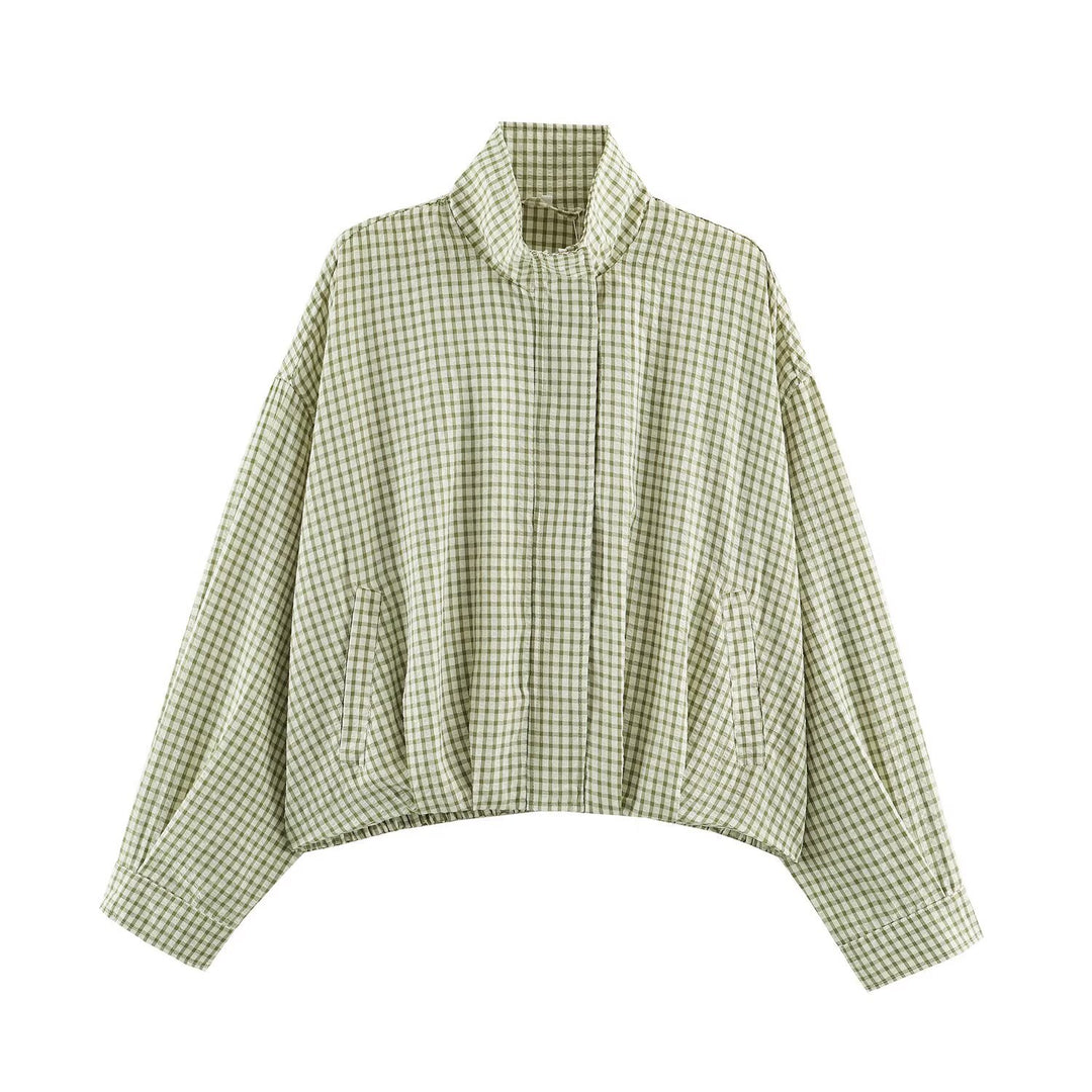 Damen Karo-Übergangsjacke im Oversize-Cropped-Schnitt mit hohem Stehkragen Drune