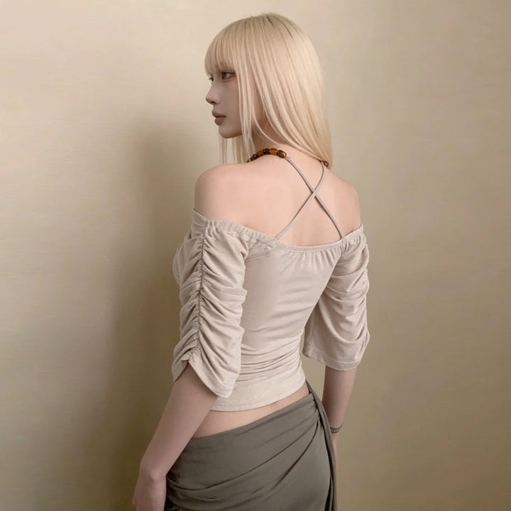 Damen Off-Shoulder Oberteil mit voluminösen Ärmeln und Dekorativem Knoten Drune