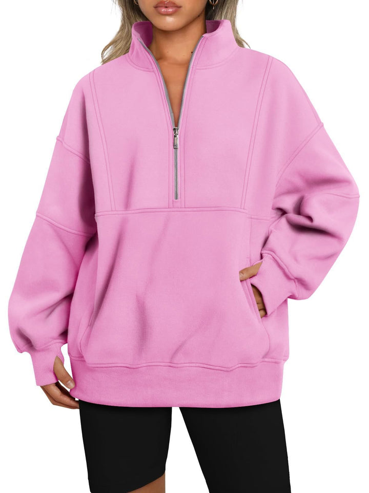 Damen Oversize-Sweatshirt mit halbem Reißverschluss, Stehkragen und Kängurutasche Drune