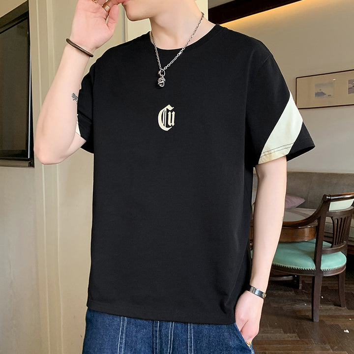 Herren Oversize-Baumwoll-T-Shirt mit Kontrastärmeln und Gothic-Logo Drune