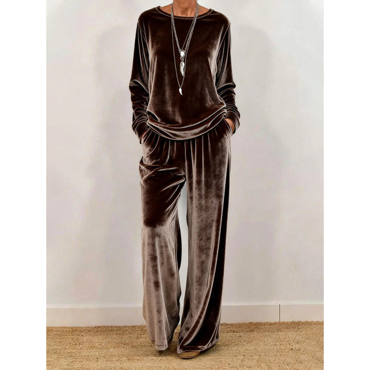 Damen Samt-Loungewear-Set mit weitem Bein, elastischem Bund und Rundhalsausschnitt Drune