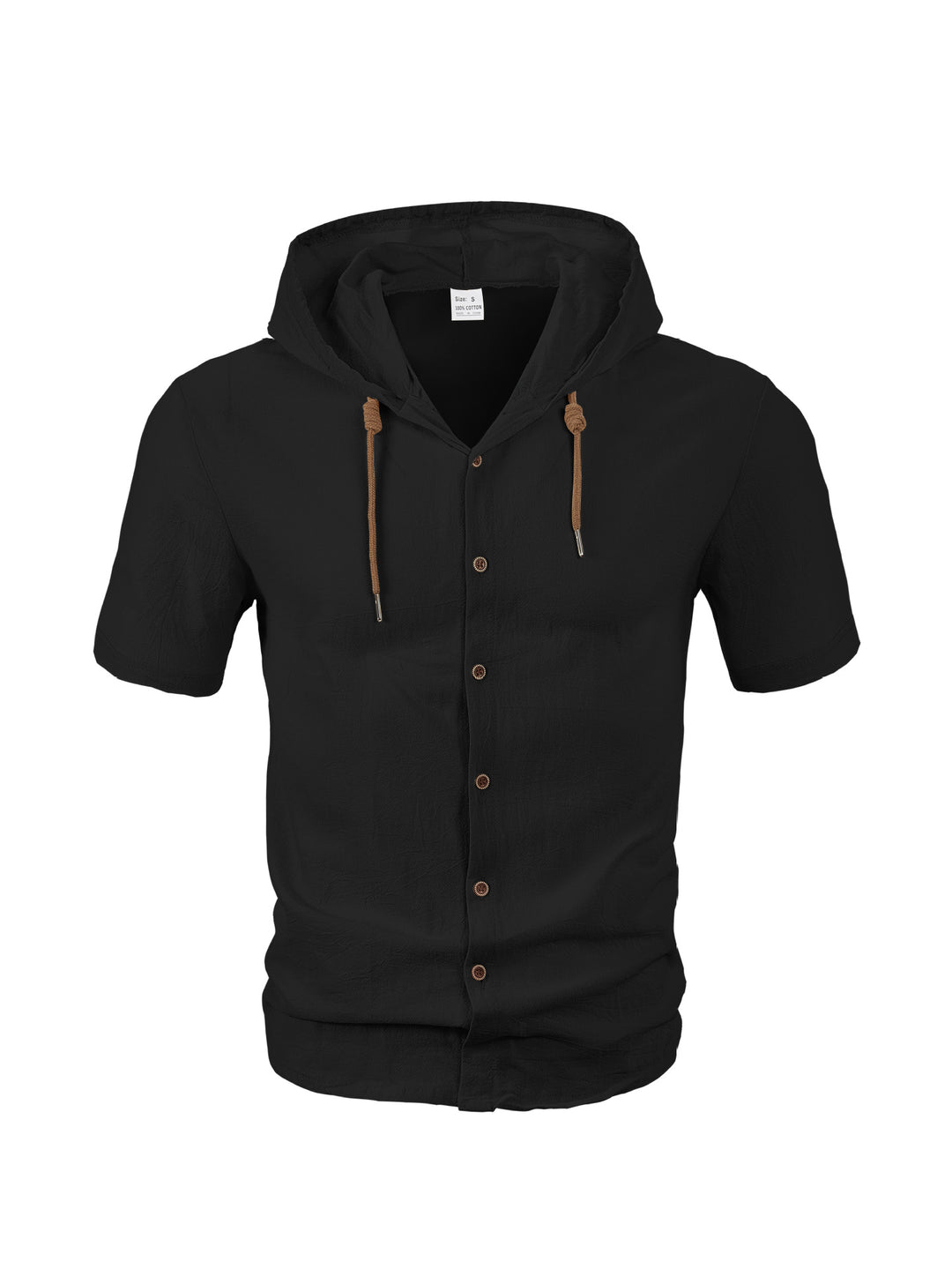 Herren nan tailliertes Kurzarm-Kapuzenshirt in Struktur-Leinenoptik mit Holzoptikknöpfen und Kordel Drune