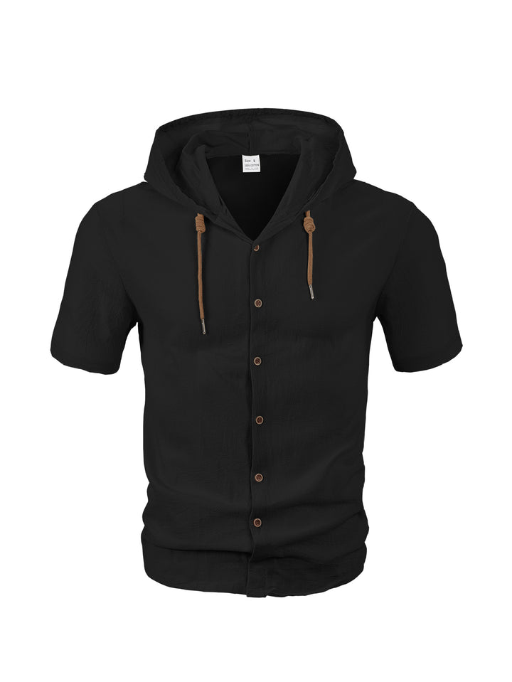 Herren nan tailliertes Kurzarm-Kapuzenshirt in Struktur-Leinenoptik mit Holzoptikknöpfen und Kordel Drune