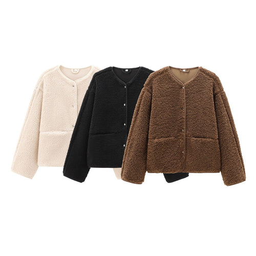 Damen nan kurz geschnittene Teddyjacke mit Druckknopfleiste und aufgesetzten Taschen Drune