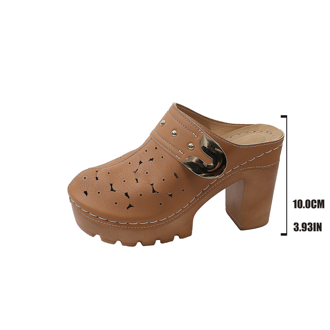 Damen Plateau-Clogs mit floralem Perforationsmuster, dekorativer Metallschnalle und hohem Blockabsatz Drune