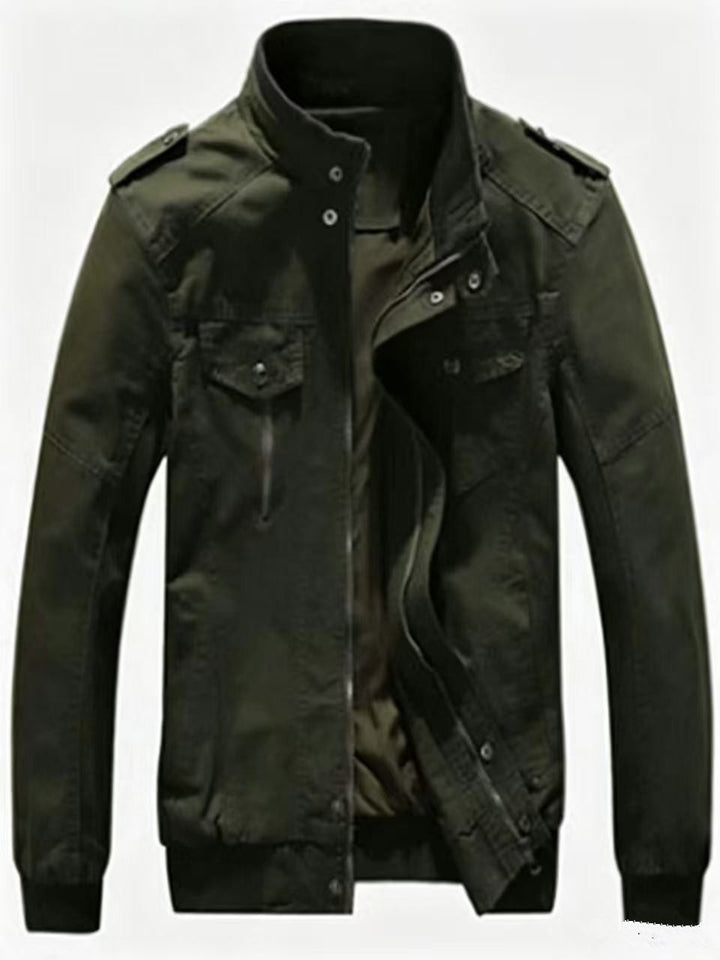 Herren Militärisch inspirierte Canvas-Übergangsjacke mit Stehkragen und Epauletten Drune