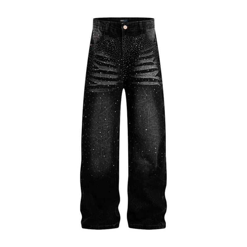 Damen weite High‑Waist Jeanshose mit Distressed‑Rissen und Strassbesatz Drune