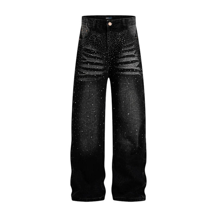 Damen weite High‑Waist Jeanshose mit Distressed‑Rissen und Strassbesatz Drune