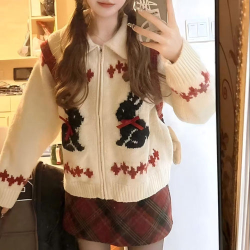 Damen Strickjacke mit tierischem Motiv und dekorativen Schleifen Drune
