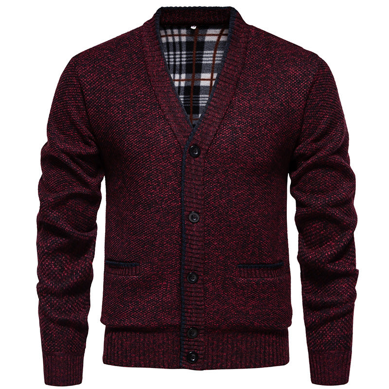 Herren Strukturierter V-Ausschnitt Strickcardigan mit kontrastierter Kante und kariertem Innenbesatz Drune
