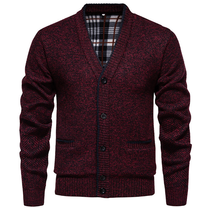 Herren Strukturierter V-Ausschnitt Strickcardigan mit kontrastierter Kante und kariertem Innenbesatz Drune