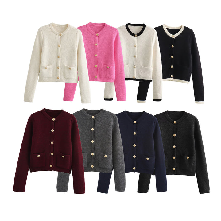 Damen Kurzgeschnittener Bouclé-Cardigan mit Rundhals, Pattentaschen und Münzknöpfen Drune