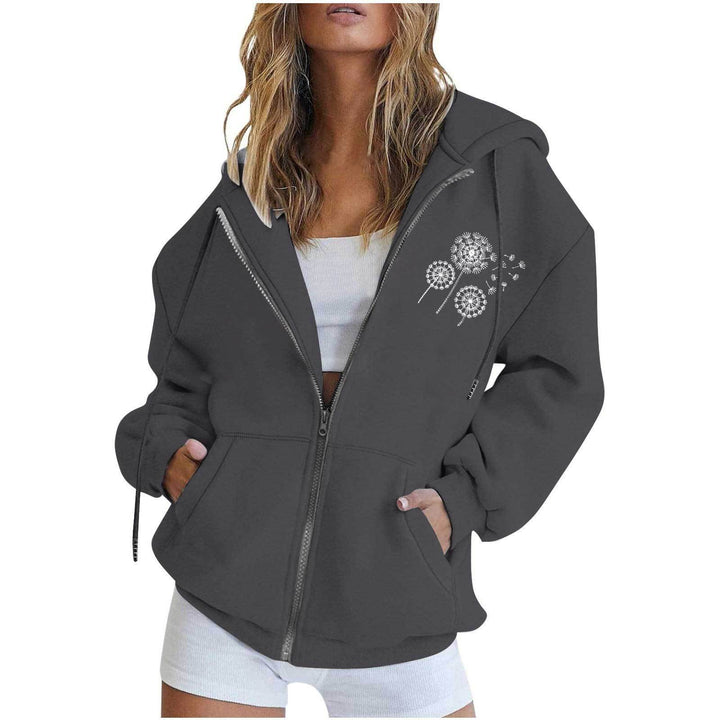Damen nan oversized Kapuzenjacke mit Frontreißverschluss, Kängurutaschen und stilisiertem Sonnenblumenprint Drune