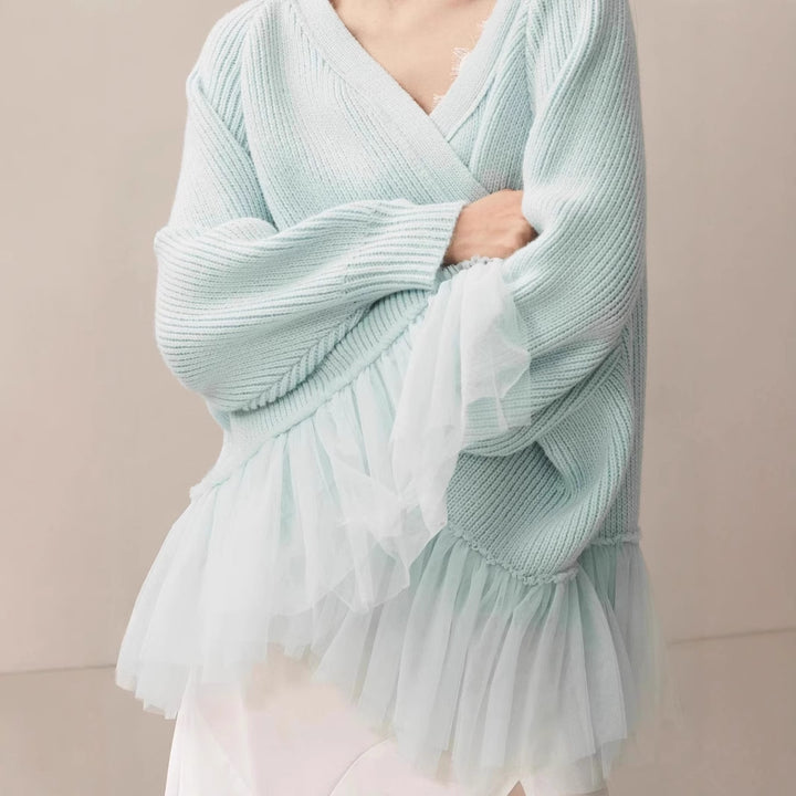 Damen Modischer Strickpullover mit Tülldetails