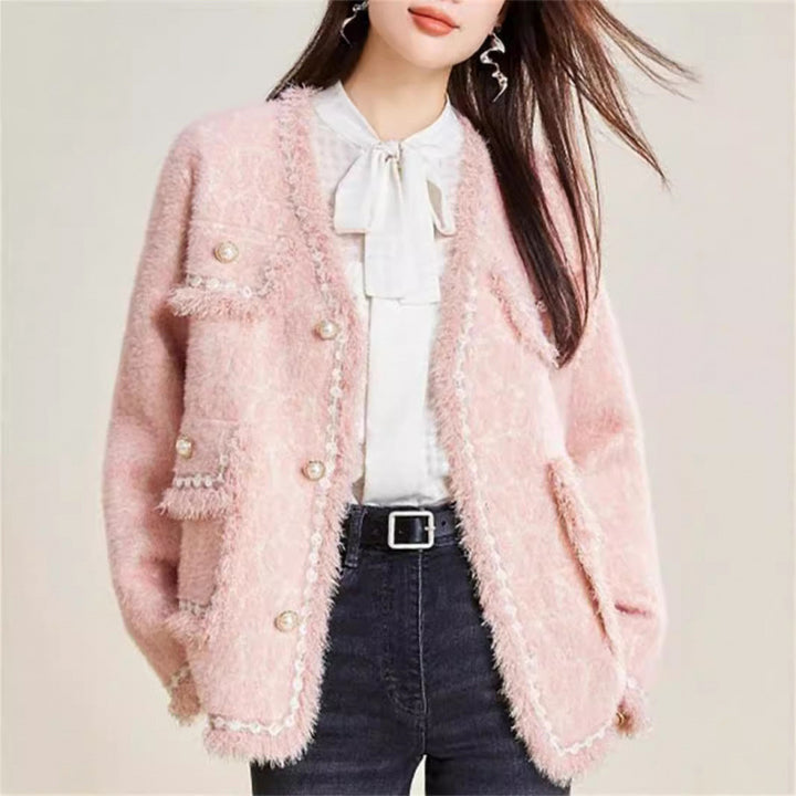 Damen Flauschige Strickjacke mit eleganten Knopfdetails und dekorativem Saum Drune