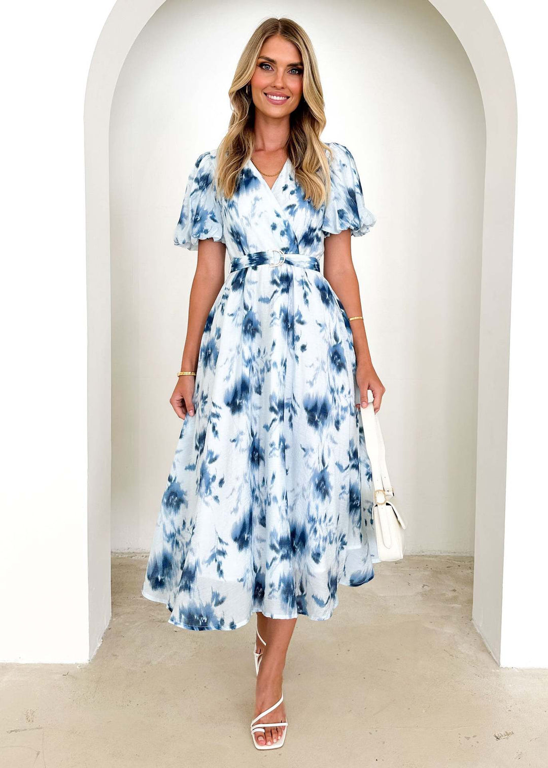 Damen Midikleid mit tailliertem Schnitt, voluminösen Ärmeln und elegantem Wellenmuster Drune