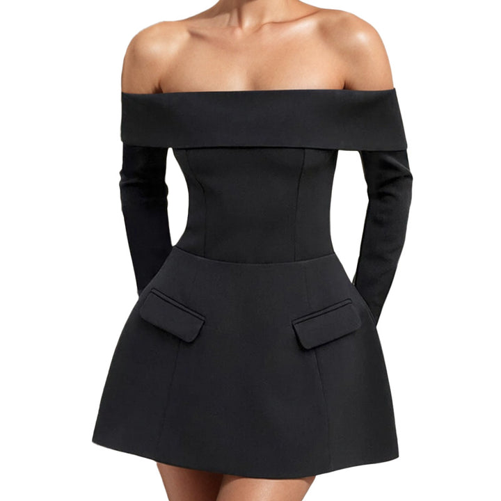 Damen Minikleid mit schulterfreiem Design und eleganten Taschen Drune