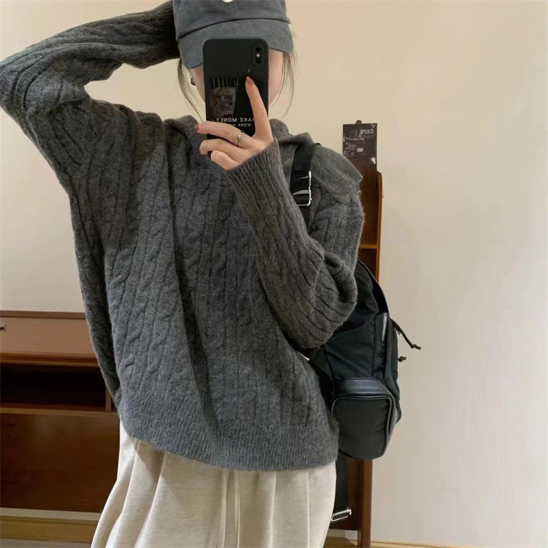 Damen Kuscheliger Strickpullover mit Kapuze und Zopfmuster Drune