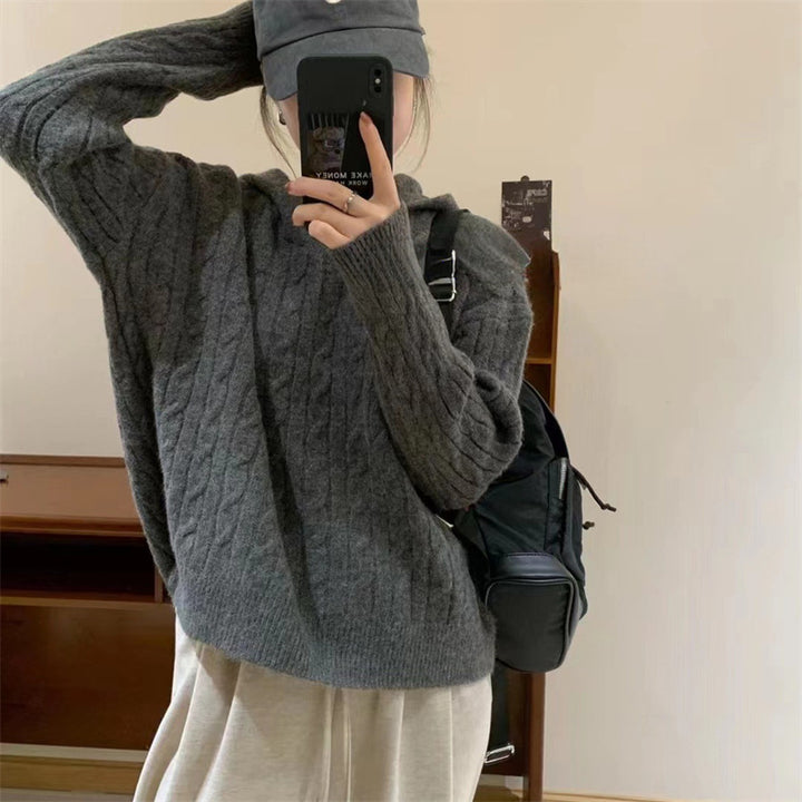 Damen Kuscheliger Strickpullover mit Kapuze und Zopfmuster Drune