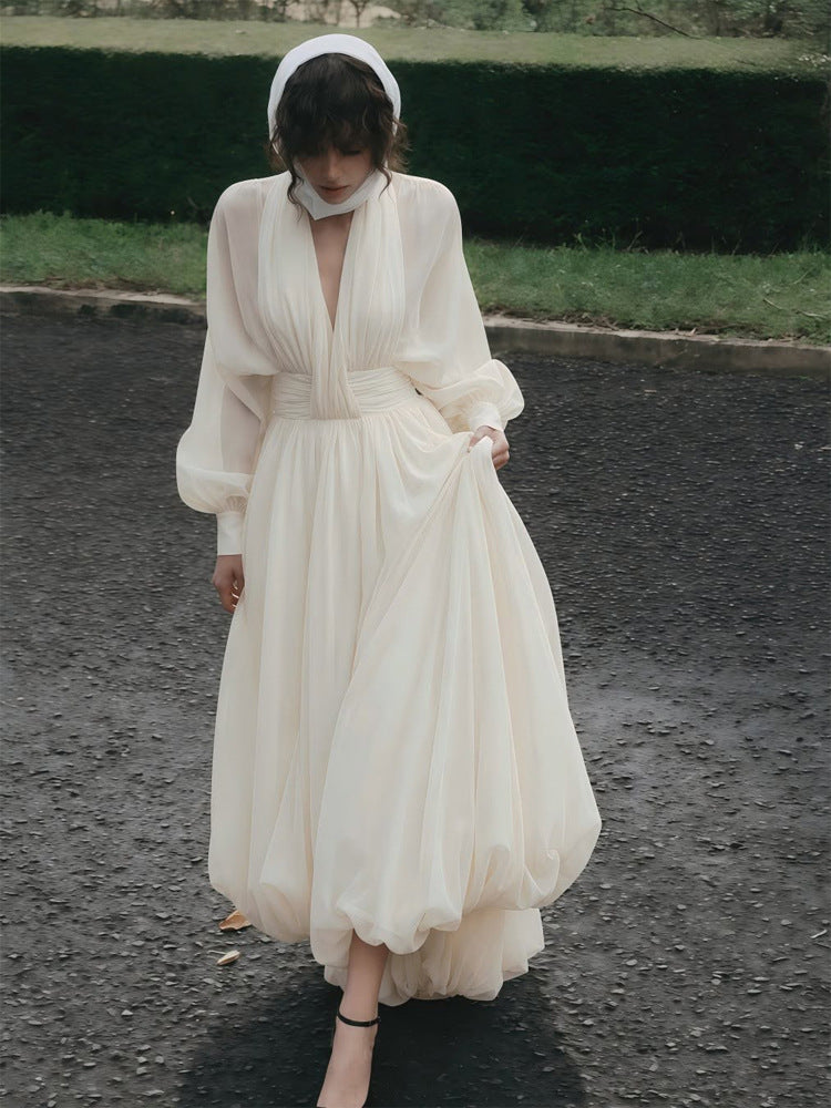 Damen Luftiges Plissiertes Maxikleid mit Ballon‑Saum, V‑Ausschnitt und Schalkragen Drune