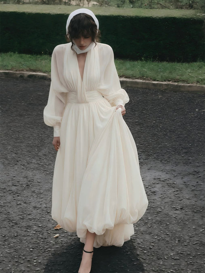 Damen Luftiges Plissiertes Maxikleid mit Ballon‑Saum, V‑Ausschnitt und Schalkragen Drune