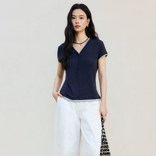 Damen Kurzärmeliges V-Ausschnitt-Henley-Shirt aus Stretch-Jersey mit feiner Knopfleiste Drune
