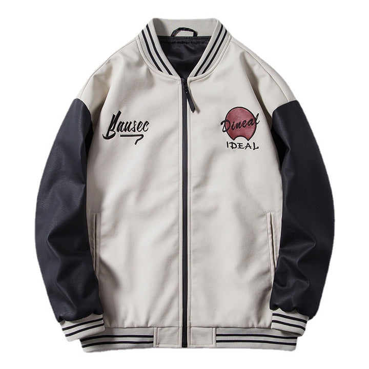 Herren Retro-College-Bomberjacke aus Kunstleder mit gestickten Logos und Rippsaum Drune