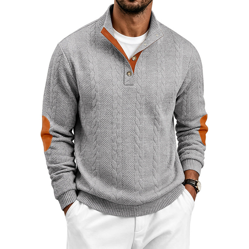 Herren Troyer-Pullover mit Zopfmuster, Ellbogen‑Patches und kontrastierter Knopfleiste Drune