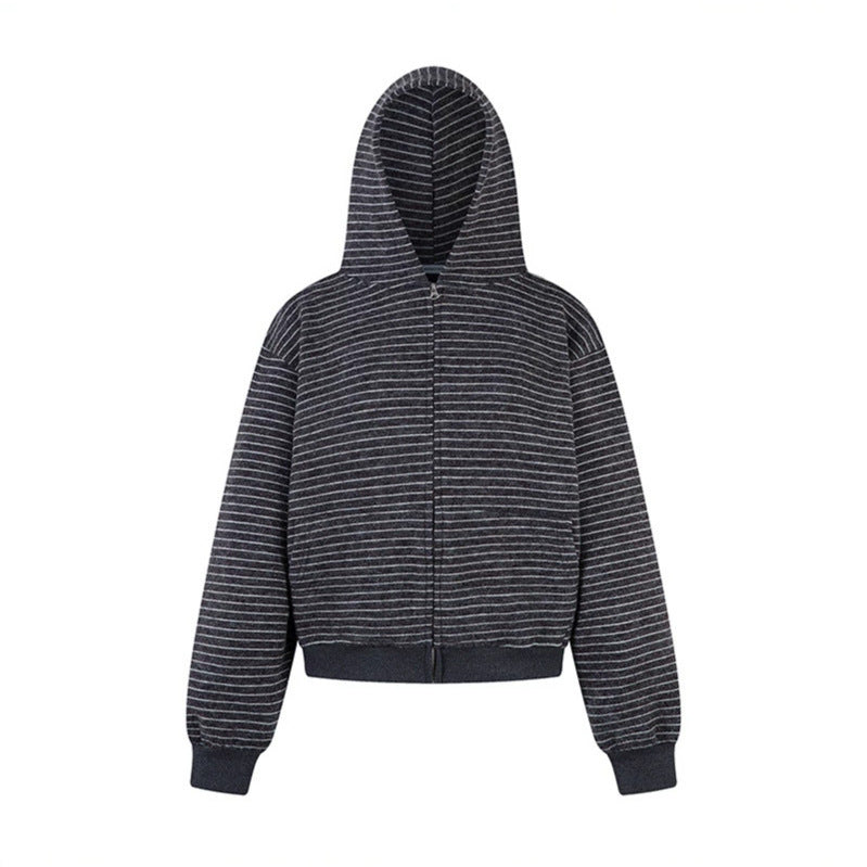 Damen Kurz geschnittene Kapuzen‑Zipjacke mit horizontalem Streifenrelief und elastischem Bund Drune