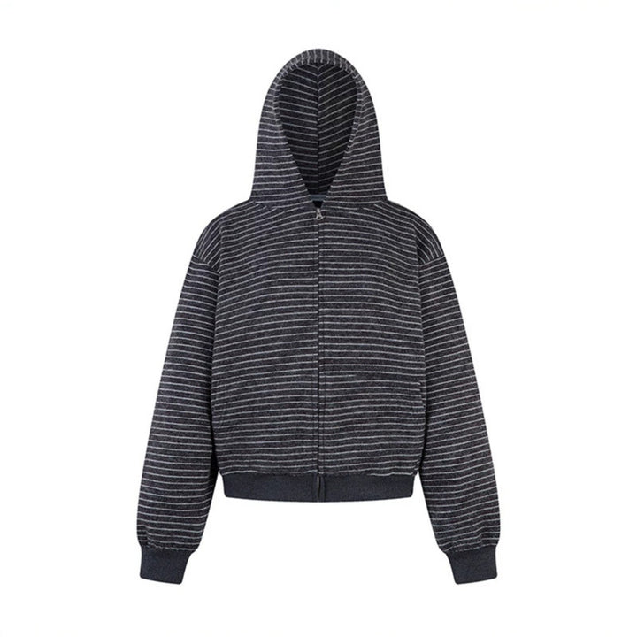 Damen Kurz geschnittene Kapuzen‑Zipjacke mit horizontalem Streifenrelief und elastischem Bund Drune