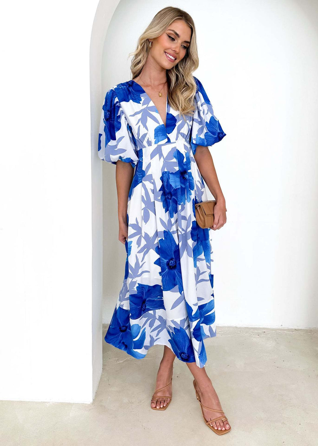 Damen Maxikleid mit voluminösen Puffärmeln und floralem Druck Drune