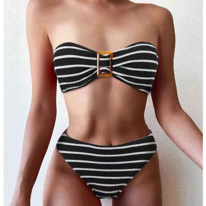 Damen Bandeau-Bikini-Set mit dekorativem Ring und verspieltem Streifenmuster Drune