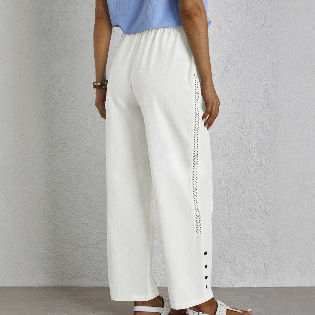 Damen weite Sommerhose mit elastischem Taillenbund und seitlichen Knopfdetails Drune
