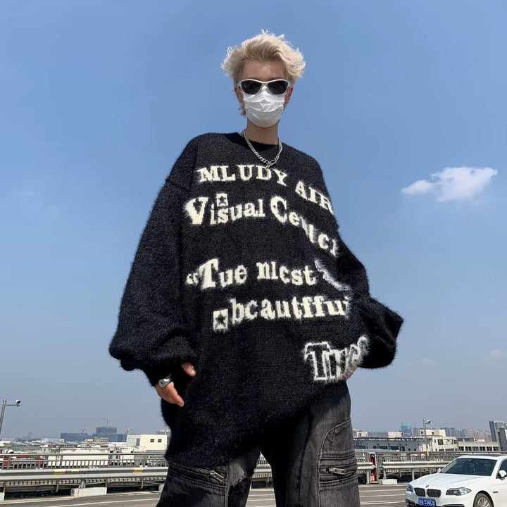Damen Oversized Strickpullover mit grafischem Schriftzug Drune