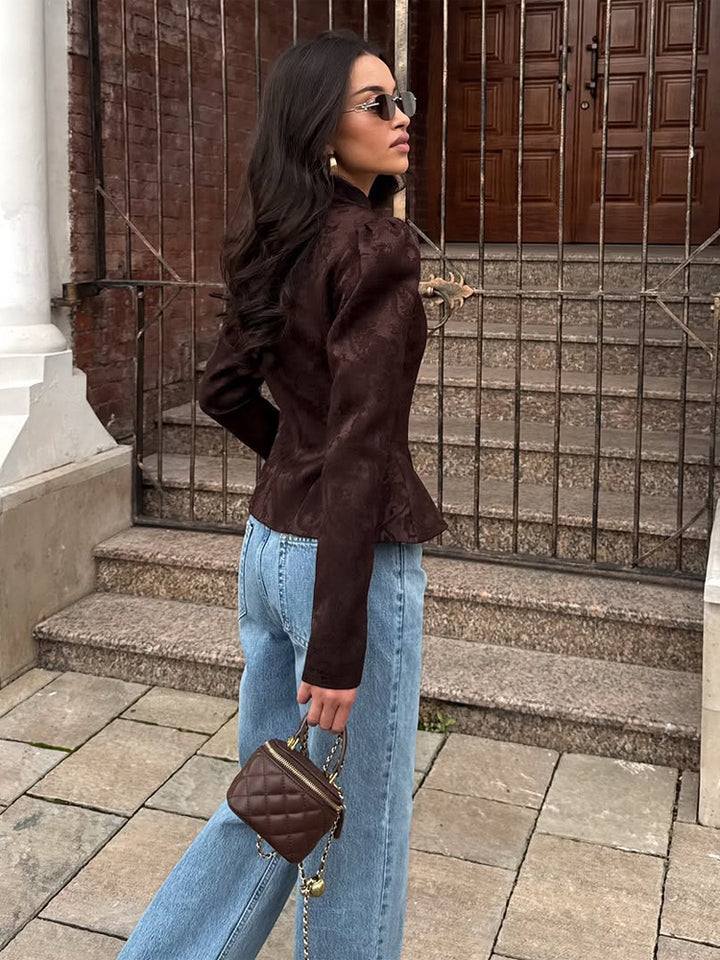 Damen Taillierter Jacquard-Blazer mit Stehkragen, Puffärmeln und Schößchen Drune