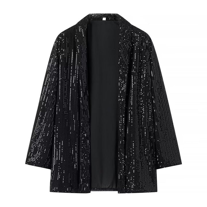 Damen nan festliches Pailletten-Zweiteiler mit offenem Kimono-Blazer und elastischer Plisseehose Drune