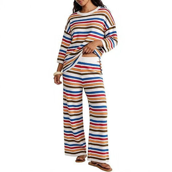 Damen Gestreiftes Lounge-Set aus leichtem Strick mit weitem Bein und 3/4-Ärmeln Drune