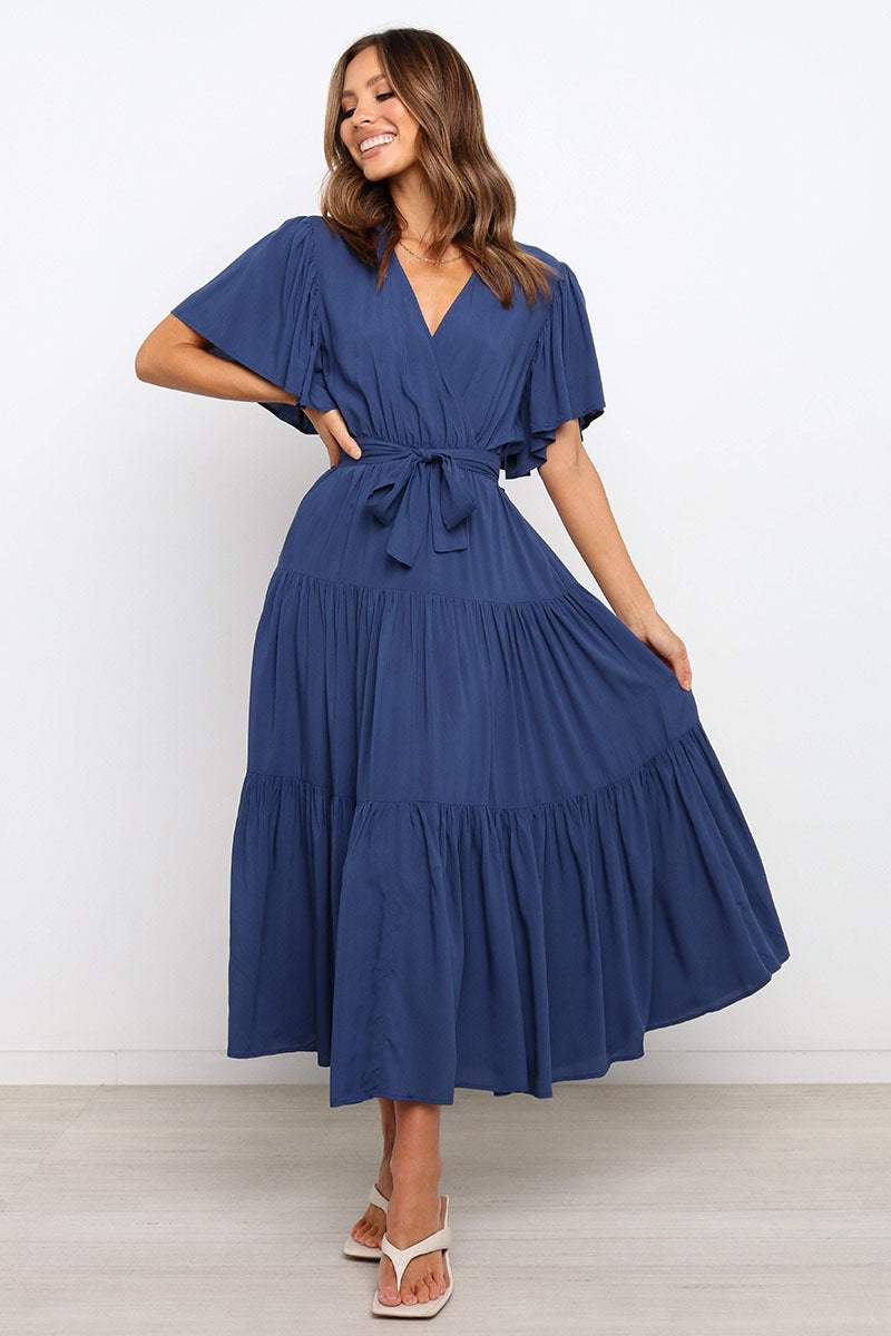 Damen Fließendes Maxi-Kleid mit Wickelbindung und Schmetterlingsärmeln Drune