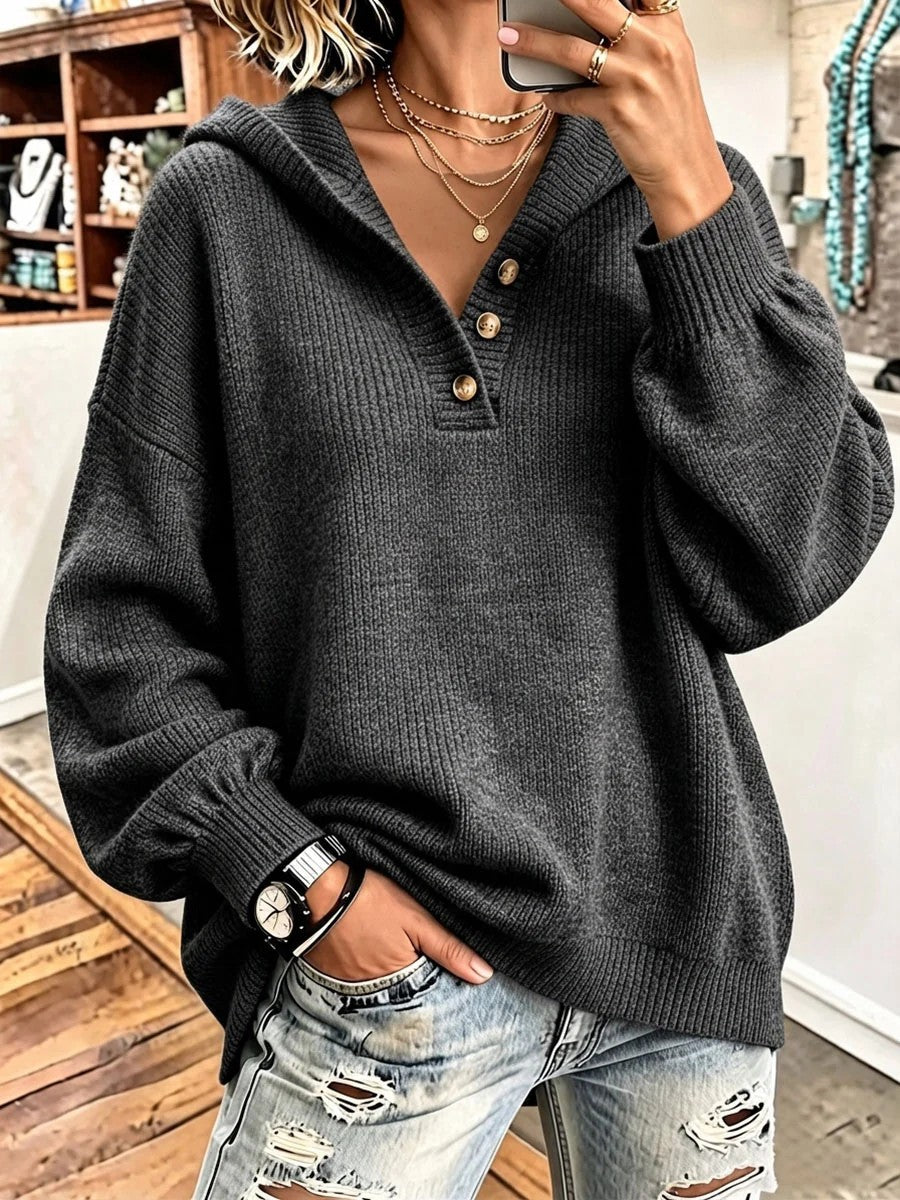 Damen Bequemer Strickpullover mit Kapuze Drune