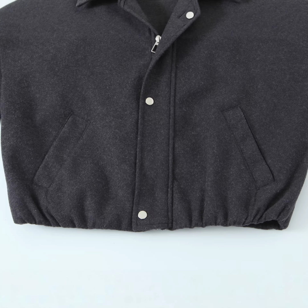 Damen Kurz geschnittene Wollblousonjacke mit Stehkragen, Druckknopfleiste und elastischem Saum Drune