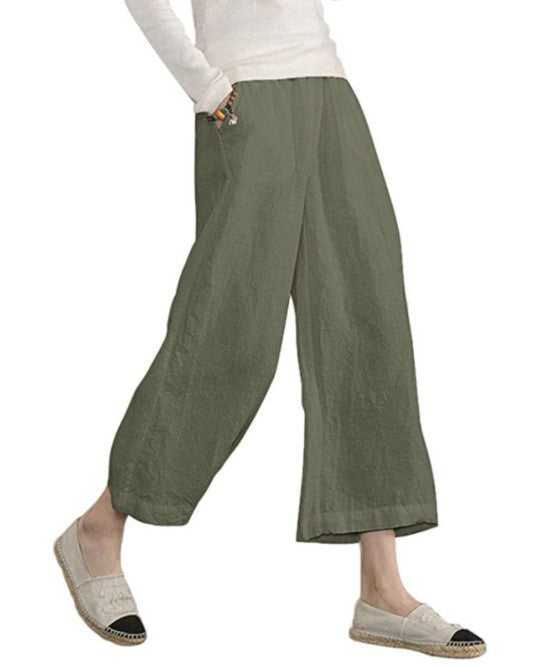 Damen weite Leinenhose mit elastischem Bund und praktischen Seitentaschen Drune