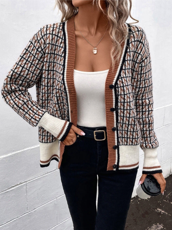 Damen Modische Strickjacke mit detailreichem Karo-Muster und handgearbeiteten Knöpfen Drune