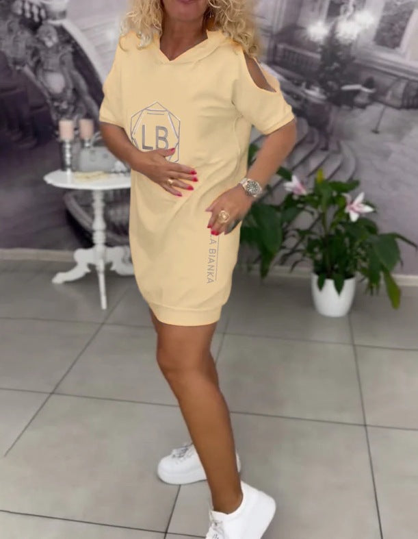 Damen nan sportliches Kapuzen-Tunika-Kleid mit Schulterauschnitten und Logoprint Drune