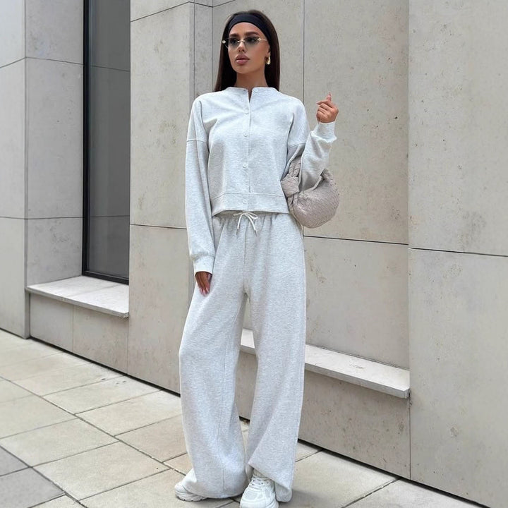 Damen Zweiteiliges Loungewear-Set mit verdeckter Druckknopf-Cardigan und weiten High-Waist Jogpants Drune