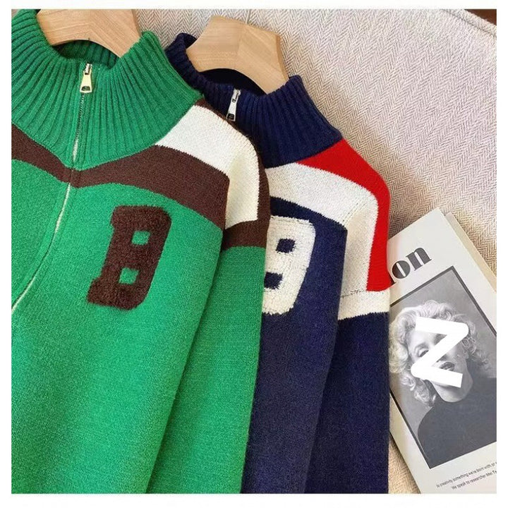 Damen Sportlicher Stehkragen-Strickpullover mit Reißverschluss und kontrastierenden Details Drune