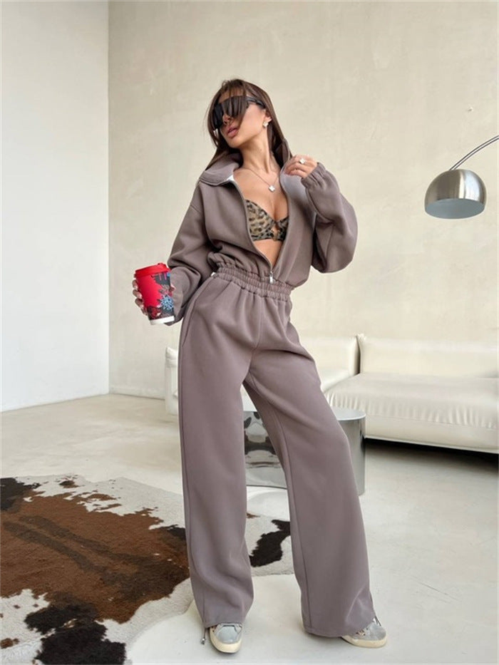 Damen Loungewear-Set mit halbem Reißverschluss, elastischem Taillenbund und weiter Jogginghose Drune